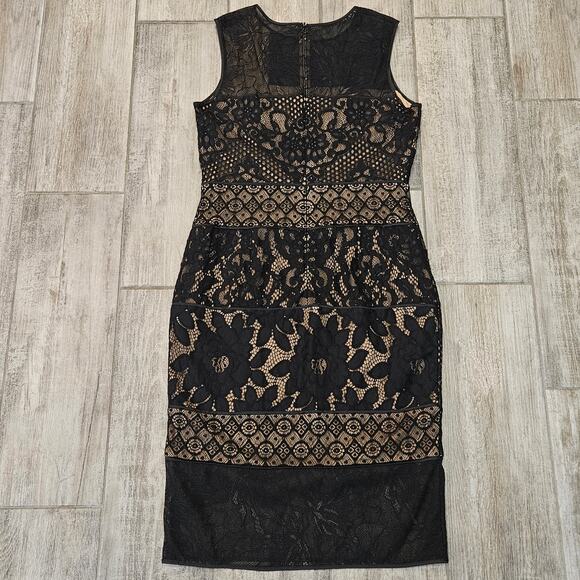 Tadashi Shoji Nemuro Dress Womens 8 Black Nude Lace Sheath Cocktail Evening - Picture 10 of 15